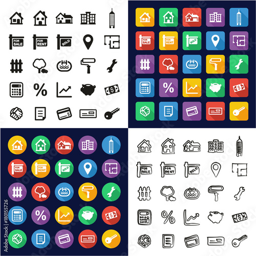 Real Estate Market All in One Icons Black & White Color Flat Design Freehand Set