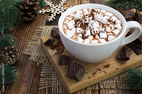 Hot chocolate with marshmallows on the wooden cutting board