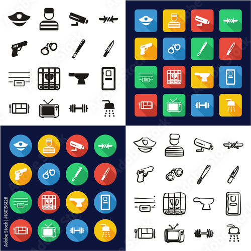 Prison All in One Icons Black & White Color Flat Design Freehand Set