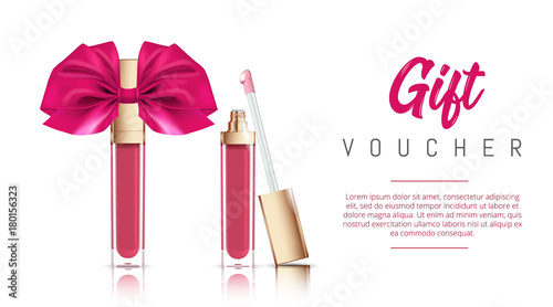 Cosmetic make up Gift vaucher. Vector illustration of liquid lipstick with ribbon bow. Fashion cosmetic banner. photo