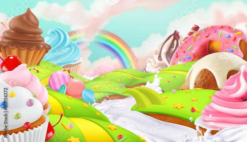 Cupcake, fairy cake. Sweet landscape, 3d vector background