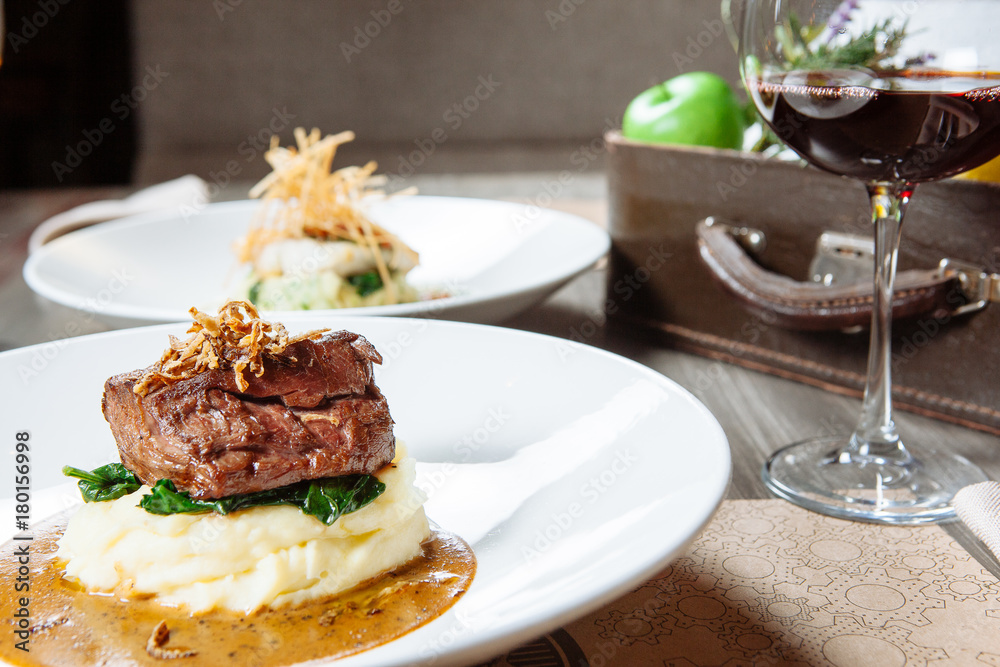 Grilled meat with mashed potatoes