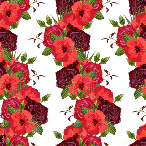 Fototapeta Naklejka Na Ścianę i Meble -  Seamless pattern with beautiful roses and hibiscus. Hand-drawn floral background for printing on fabric, clothing, home textiles, wallpaper, gift wrapping. Romantic design.