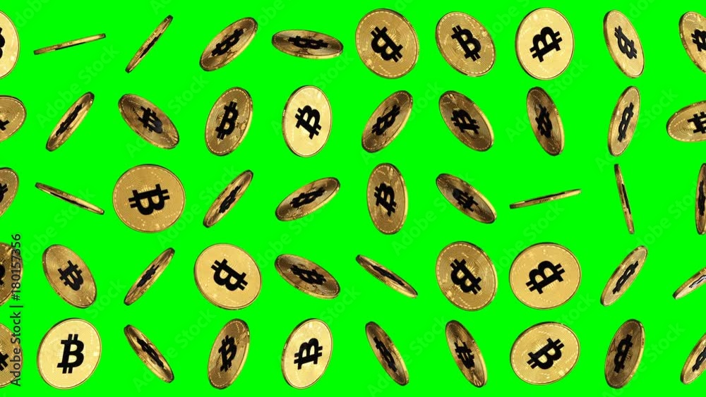 Bitcoins rotating and moving left to right on green screen Bitcoins rotating and moving left to right on green screen