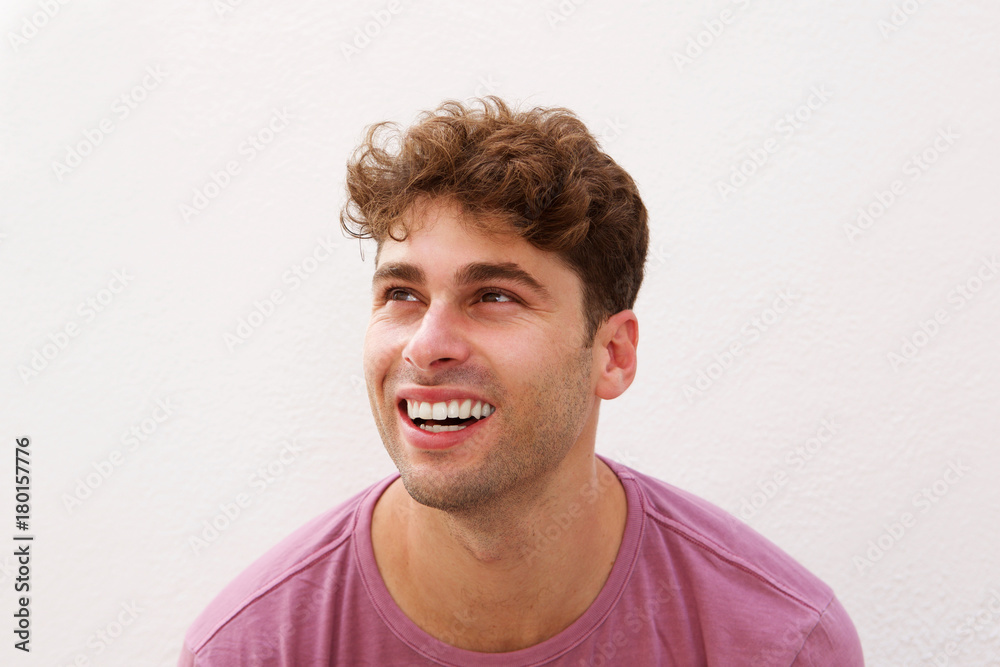 Close up laughing trendy man isolated on white Close up laughing trendy man isolated on white