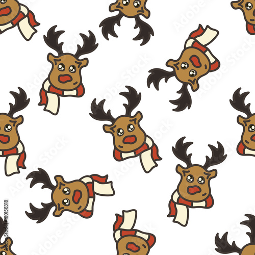 Toy reindeer with scarf, Christmas decoration vector seamless pattern isolated on white. Lovely simple children's toy. Christmas Happy New Year design, flat style. Merry Christmas and Happy New Year