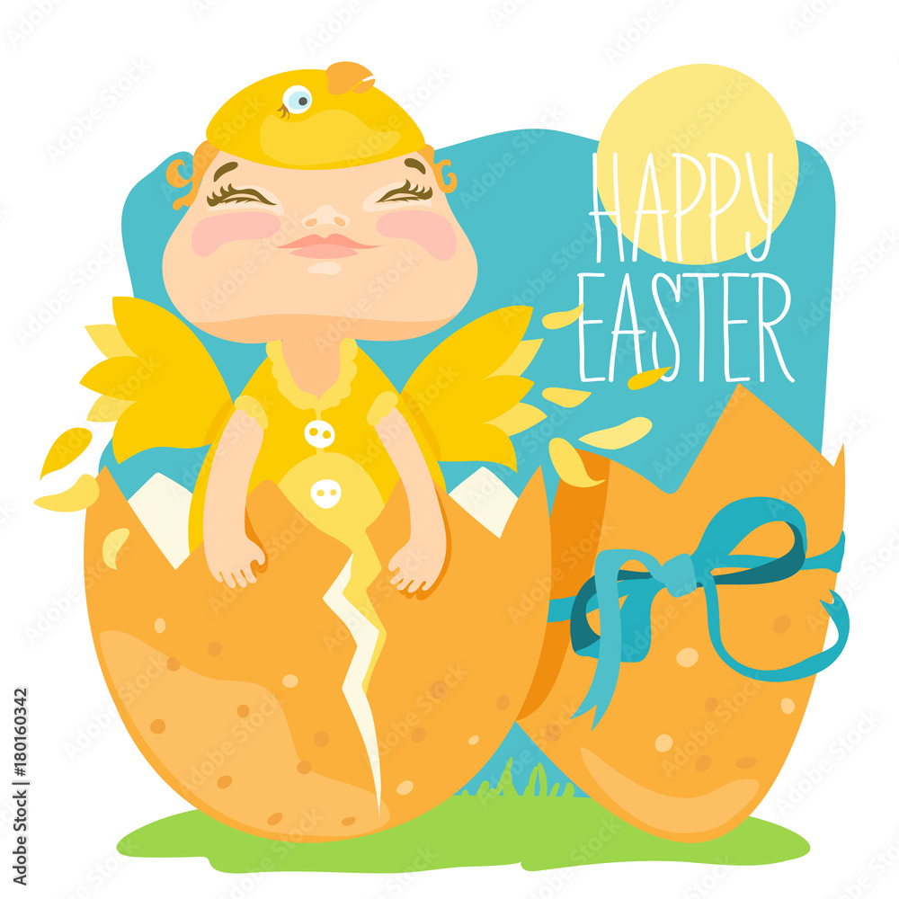 Happy Easter greeting card, design. Adorable baby in chicken costume showing up from a broken egg, smiling and happy. Broken eggshell with bow (ribbon)