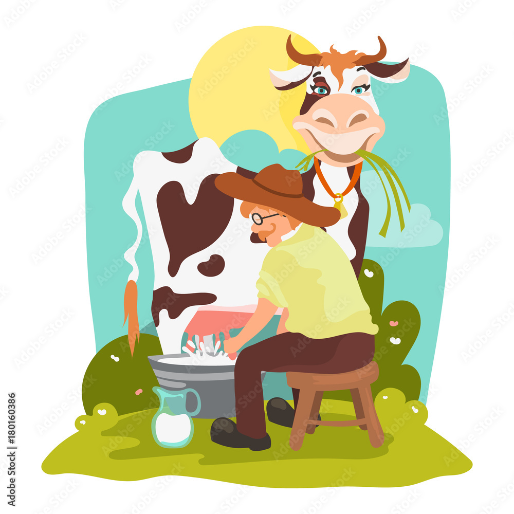 Rural beautiful landscape with farmer in the hat milking funny cow chewing  the grass . Vector illustration in cartoon, flat style Stock Vector | Adobe  Stock
