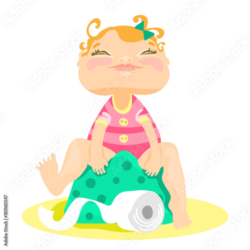 Adorable, cute smiled baby girl sitting on a potty with closed eyes with toilet paper roll. Vector illustration in flat, cartoon, childish style