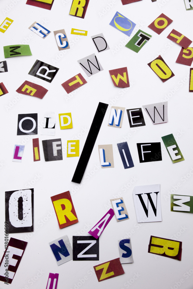 A word writing text showing concept of Old Life New Life made of different magazine newspaper letter for Business case on the white background with copy space