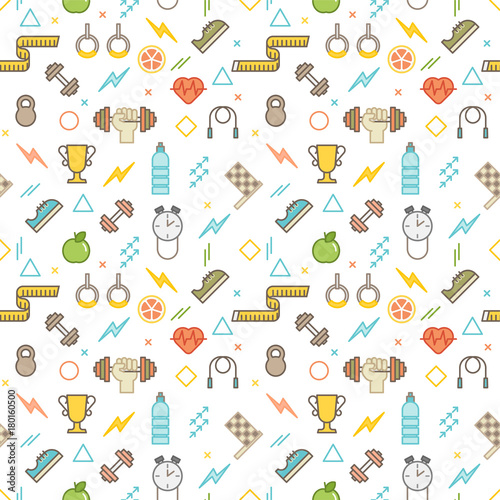 Seamless illustrated fitness themed line style vector pattern with weights, dumbbells, champion cups, water bottles and other sports related objects and icons mixed with abstract shapes. 

