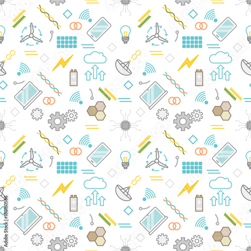 Seamless illustrated technology and science themed line style vector pattern with gears, cells, chips, computers, bulbs and other objects mixed with abstract shapes. 
