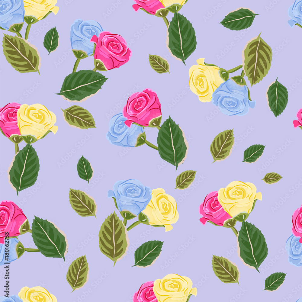 Seamless pattern with pink, yellow and blue roses. Hand-drawn floral background for printing on fabric, clothing, home textiles, wallpaper, gift wrapping. Romantic design.