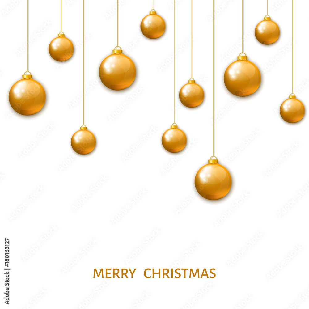 Golden  hanging Christmas balls isolated on white background.