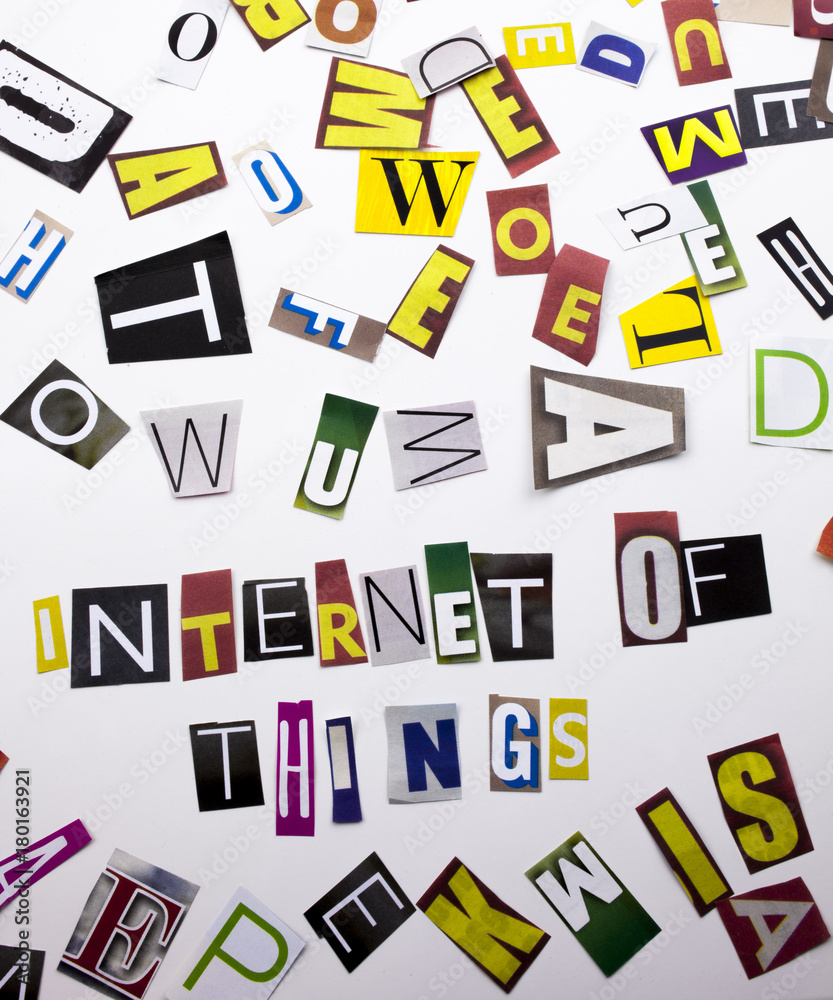 A word writing text showing concept of Internet Of Things made of different magazine newspaper letter for Business case on the white background with copy space A word writing text showing concept of Internet Of Things made of different magazine newspaper letter for Business case on the white background with copy space