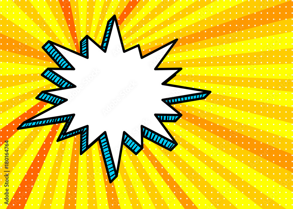 Fototapeta premium Sunburst picture blank template pop art style comic text speech bubble halftone dot radial background. Comics book dialog empty cloud, cartoon box pop-art. Creative idea conversation sketch explosion