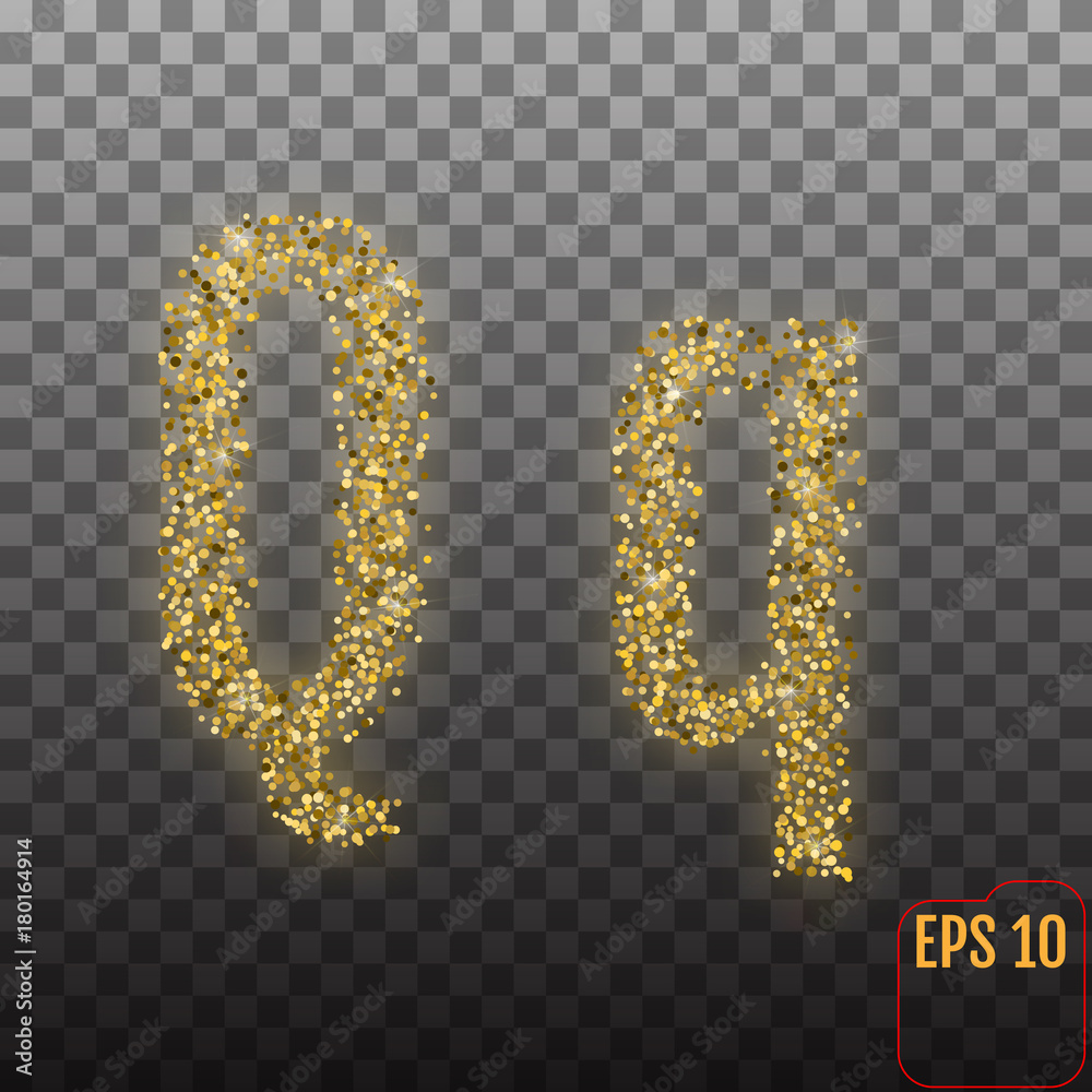 Vector Alphabet. Gold letter Q on transparent background. Gold alphabet logo. Golden confetti and glitter concept. Font style - vector illustration. Vector Alphabet. Gold letter Q on transparent background. Gold alphabet logo. Golden confetti and glitter concept. Font style - vector illustration.