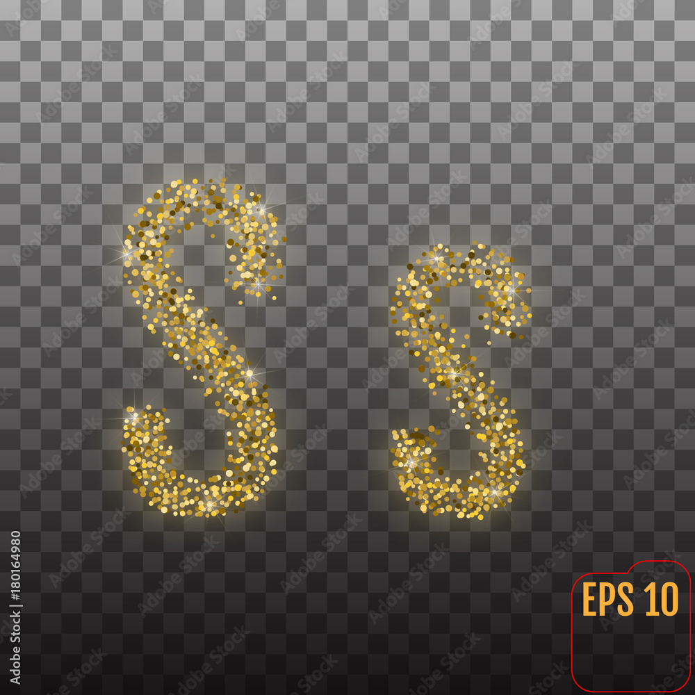 Vector Alphabet. Gold letter S on transparent background. Gold alphabet logo. Golden confetti and glitter concept. Font style - vector illustration.
