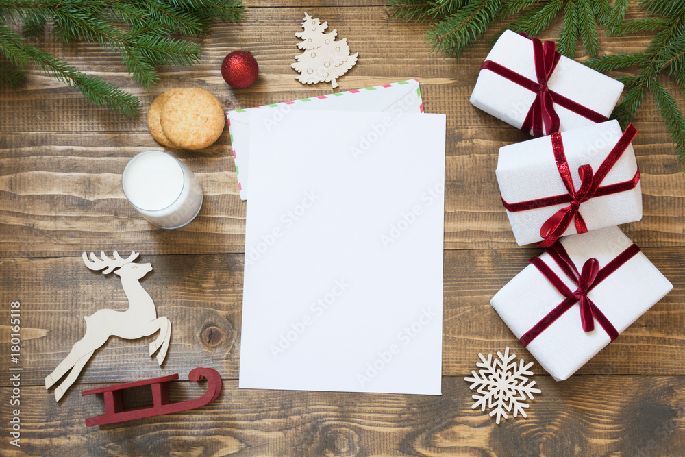 Christmas empty blank letter for Santa Claus with decor. Top view and space for your text.Flat lay.