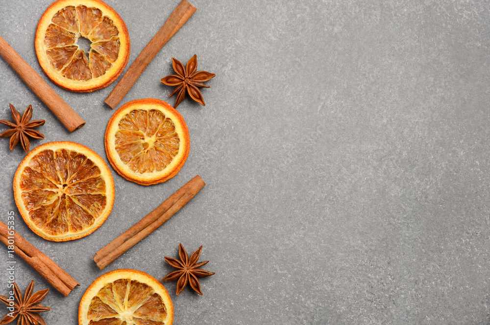 Christmas Background with Winter Spices and Slices of Dried Orange Top View Flat Lay Horizontal Copy Space Christmas Background with Winter Spices and Slices of Dried Orange Top View Flat Lay Horizontal Copy Space