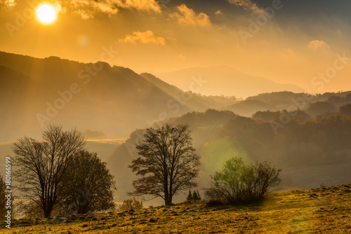 Fototapeta Naklejka Na Ścianę i Meble -  Sunrise in Bieszczady Carpathian Mountains in Poland at autumn