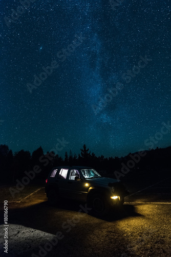 4x4 car and star watching adventure, off road trip into wilderness