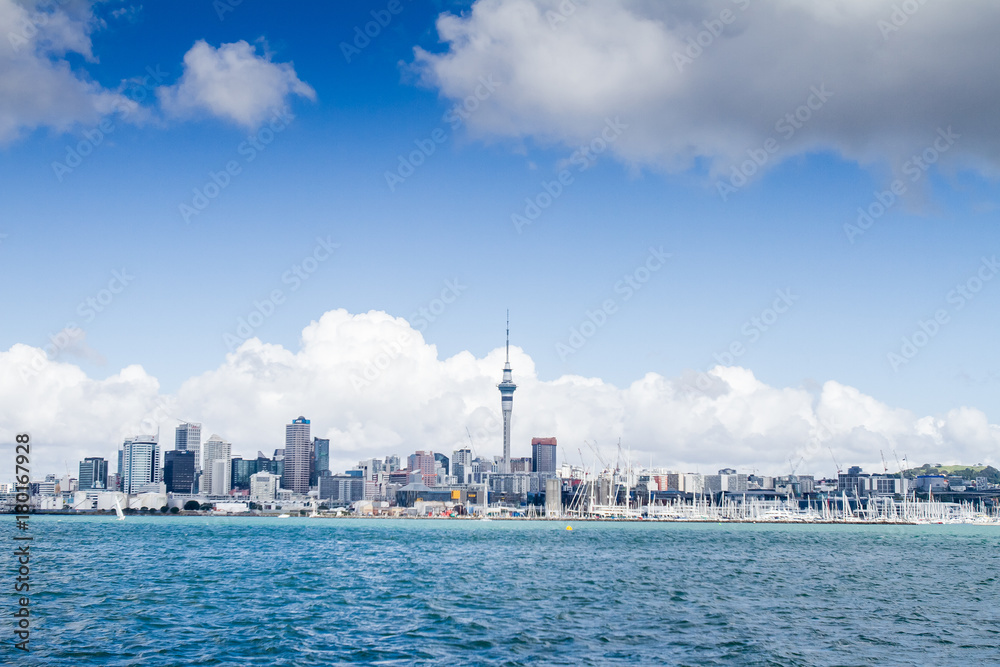 Naklejka premium view of Auckland CBD, city center, with sky tower from under the bridge, new zealand