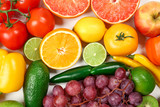 Many different fruits and vegetables on light background, closeup