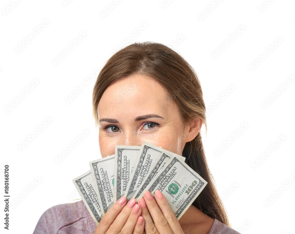 Beautiful young woman with money on white background Beautiful young woman with money on white background
