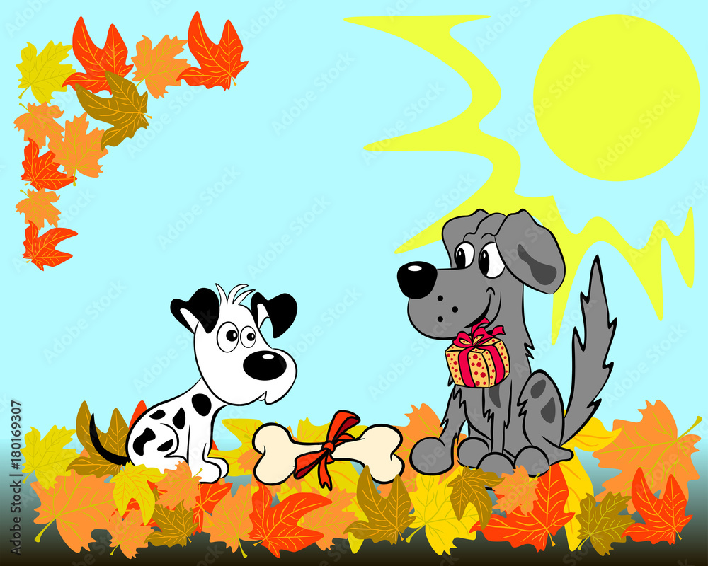 two dogs and an autumn landscape
