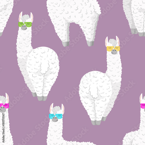 Seamless pattern with alpaca in neon colors - south america's lama . Vector illustration. wrapping paper or textile pattern