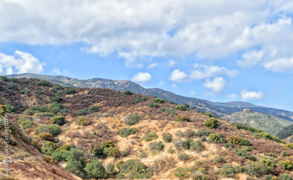 Hillside, mountains, and white clouds in California