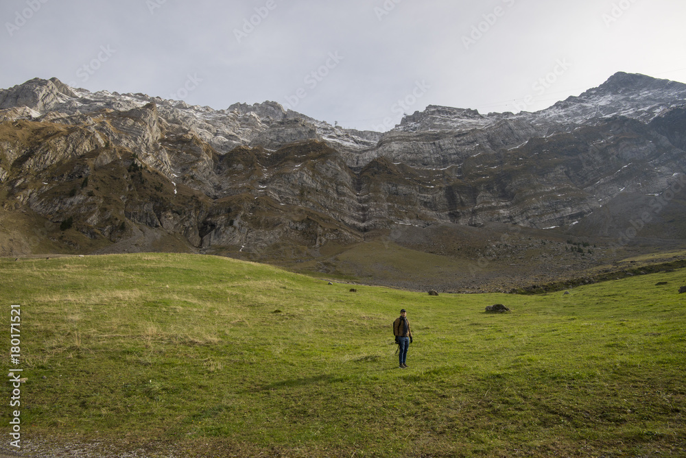 Tourist man and Beautiful view of valley mountain Saentis , Switzerland