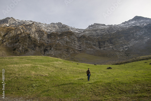Tourist man and Beautiful view of valley mountain Saentis , Switzerland