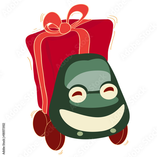 Gift On cartoon car carrying and delivering green Christmas or birthday present. Vector illustration. photo