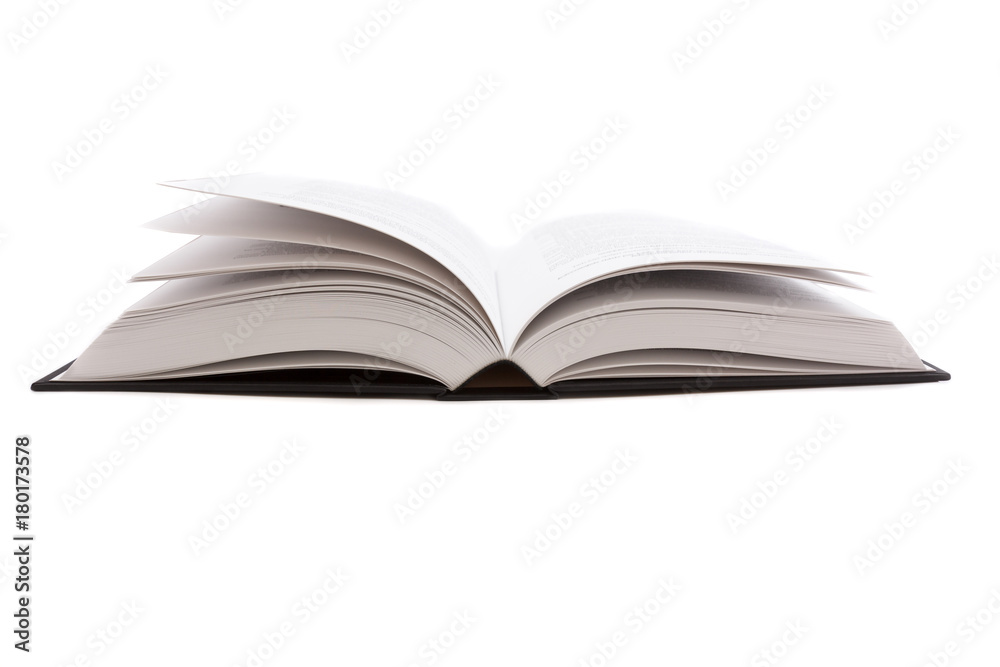 Opened big black book on white background