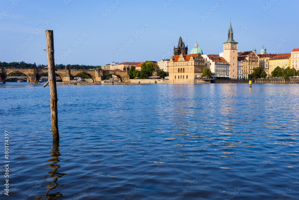 Prague at the Vltava river with Charles Bridge  in background, Czech Republic 