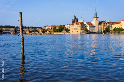 Prague at the Vltava river with Charles Bridge in background, Czech Republic 