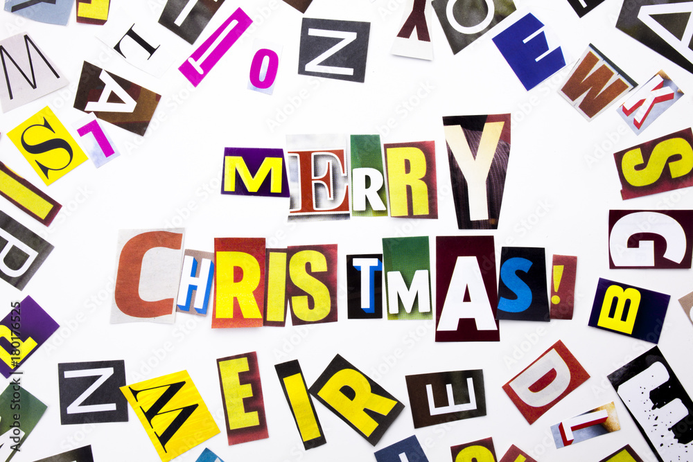 A word writing text showing concept of Merry Christmas made of different magazine newspaper letter for Business case on the white background with copy space A word writing text showing concept of Merry Christmas made of different magazine newspaper letter for Business case on the white background with copy space