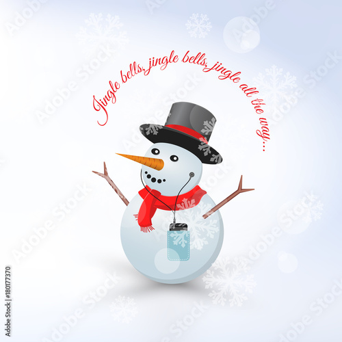 A Snowman in a Scarf and a Cylinder Top Hat Listening to Music. Vector Illustration