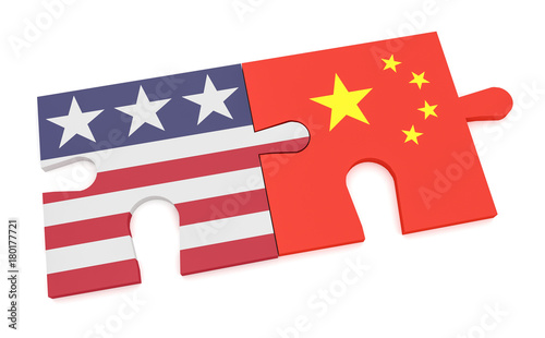 USA China Partnership Concept: US Flag And Chinese Flag Puzzle Pieces, 3d illustration isolated on white background.