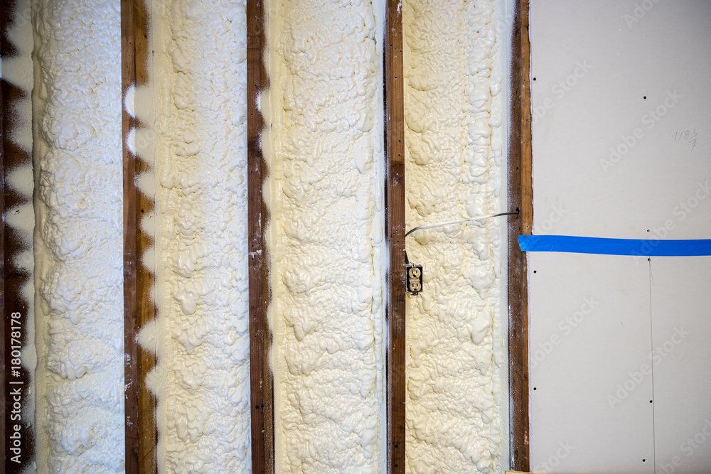Closed cell spray foam insulation on a home that was flooded by Hurricane Harvey - obrazy, fototapety, plakaty 