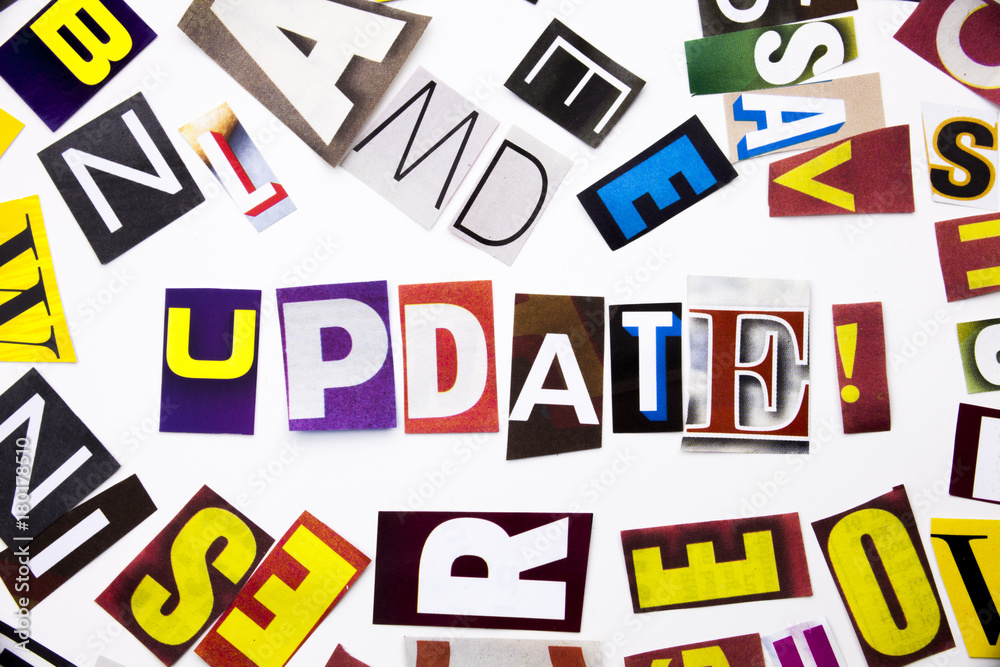 A word writing text showing concept of Update made of different magazine newspaper letter for Business case on the white background with copy space A word writing text showing concept of Update made of different magazine newspaper letter for Business case on the white background with copy space