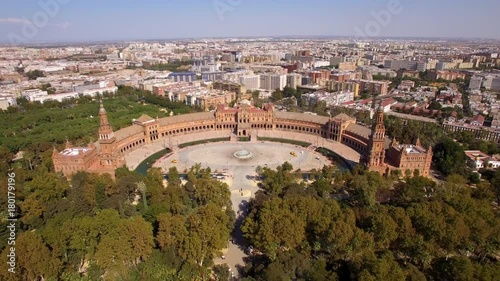 Seville, Spain, aerial view of Plaza de Espana (Spain Square) and Sevilla cityscape.