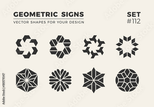 Set of eight minimalistic trendy shapes. Stylish vector logo emblems for Your design. Simple geometric signs collection.