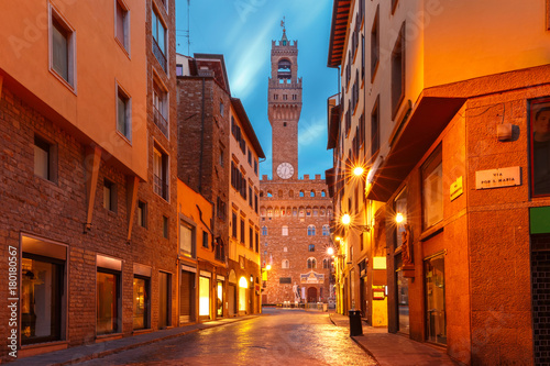 Famous tower of Palazzo Vecchio on the Piazza della Signoria in the morning in Florence, Tuscany, Italy photo