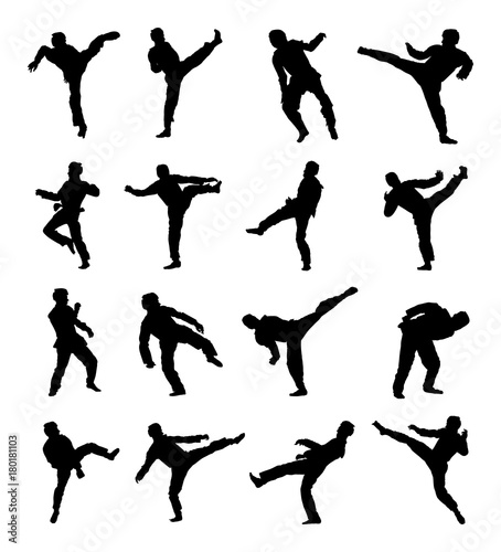 Taekwondo fighters vector silhouette illustration isolated. Sparring on training action. Self defense, defence art exercising concept. Warriors in the martial arts battle. Combat fight competition.