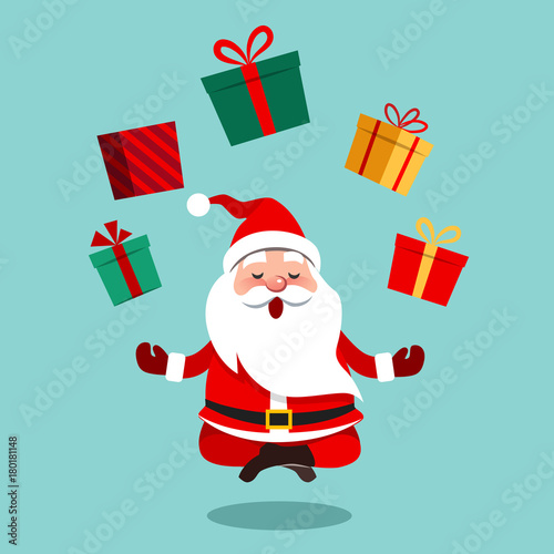 Vector cartoon illustration of funny cute Santa Claus sitting cross-legged in lotus position meditating, floating above ground with colorful gift boxes above him in a circle, contemporary flat style