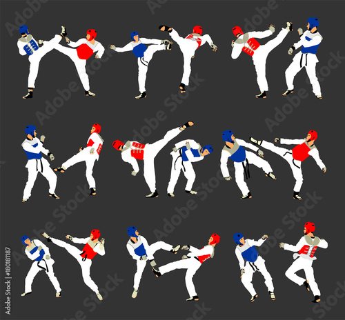 Fight between two taekwondo fighters vector illustration isolated. Sparring on training action. Self defense, defence art exercising concept. Warriors in the martial arts battle. Combat competition.