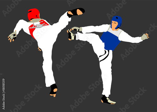 Fight between two taekwondo fighters vector illustration isolated. Sparring on training action. Self defense, defence art exercising concept. Warriors in the martial arts battle. Combat competition.